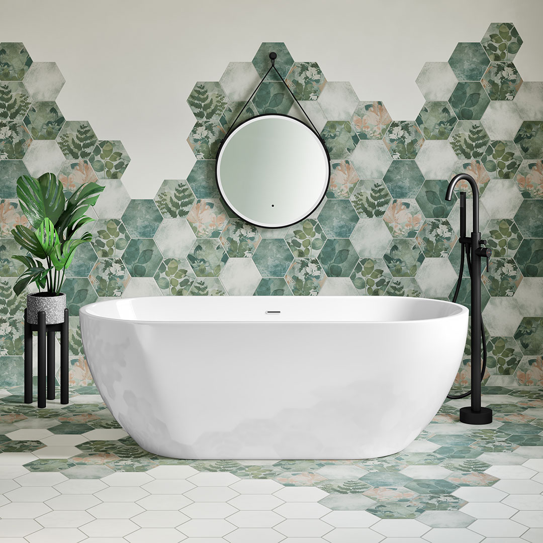 statement mylife freestanding white bath with pattern feature tile